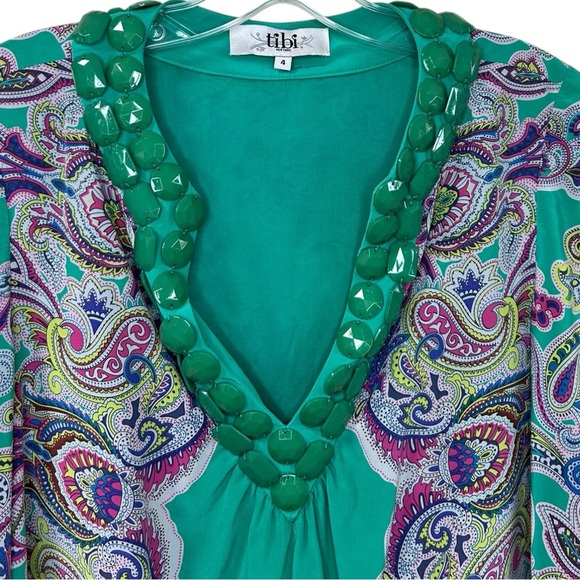 Tibi - Women’s Vintage Blouse, Paisley Silk Beading Tunic V-Neck - Green, Size 4 - Picture 11 of 16